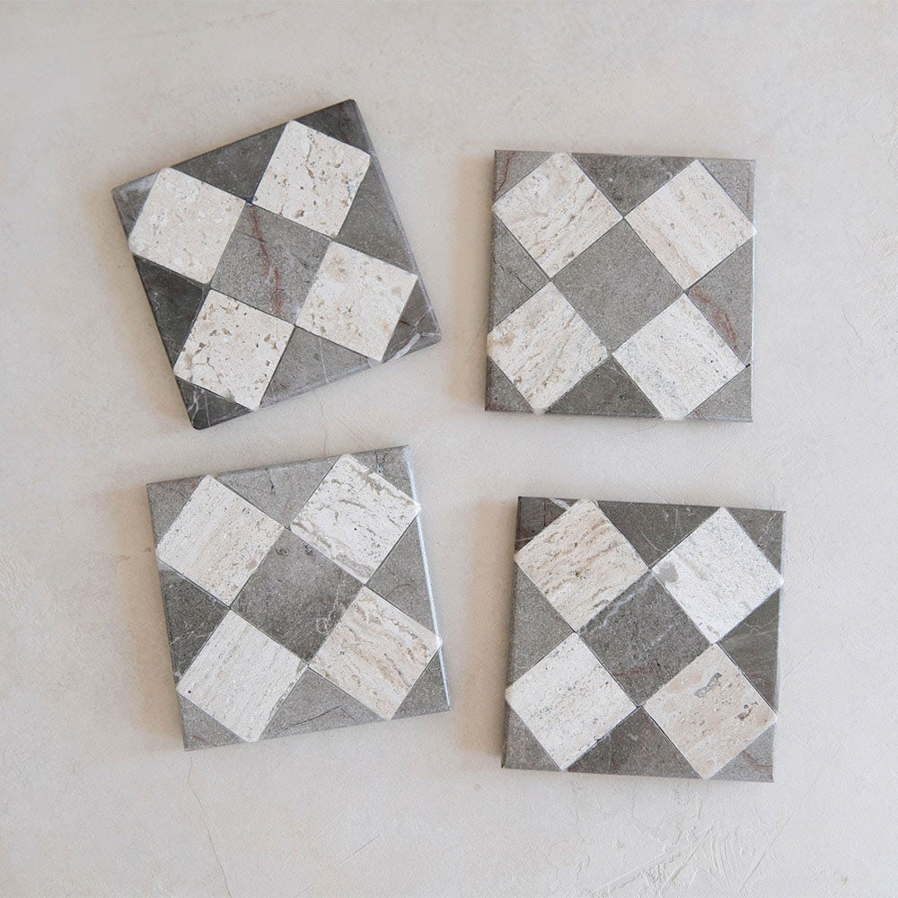 Checkered Marble and Travertine Coaster Set