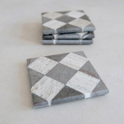 Checkered Marble and Travertine Coaster Set