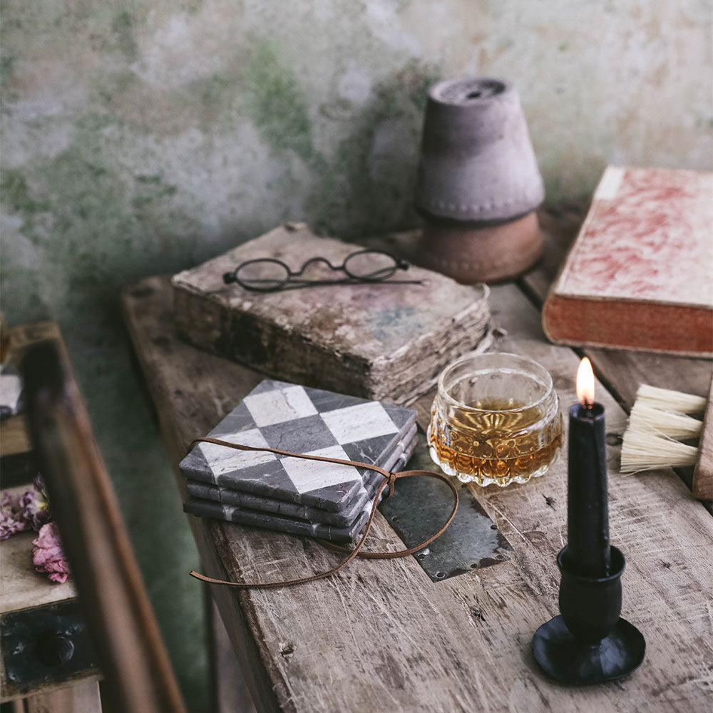 Checkered Marble and Travertine Coaster Set