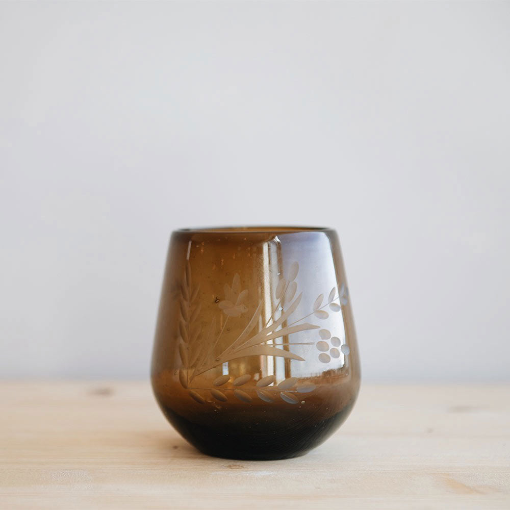 Hand-etched Round Floral Tumbler - Amber