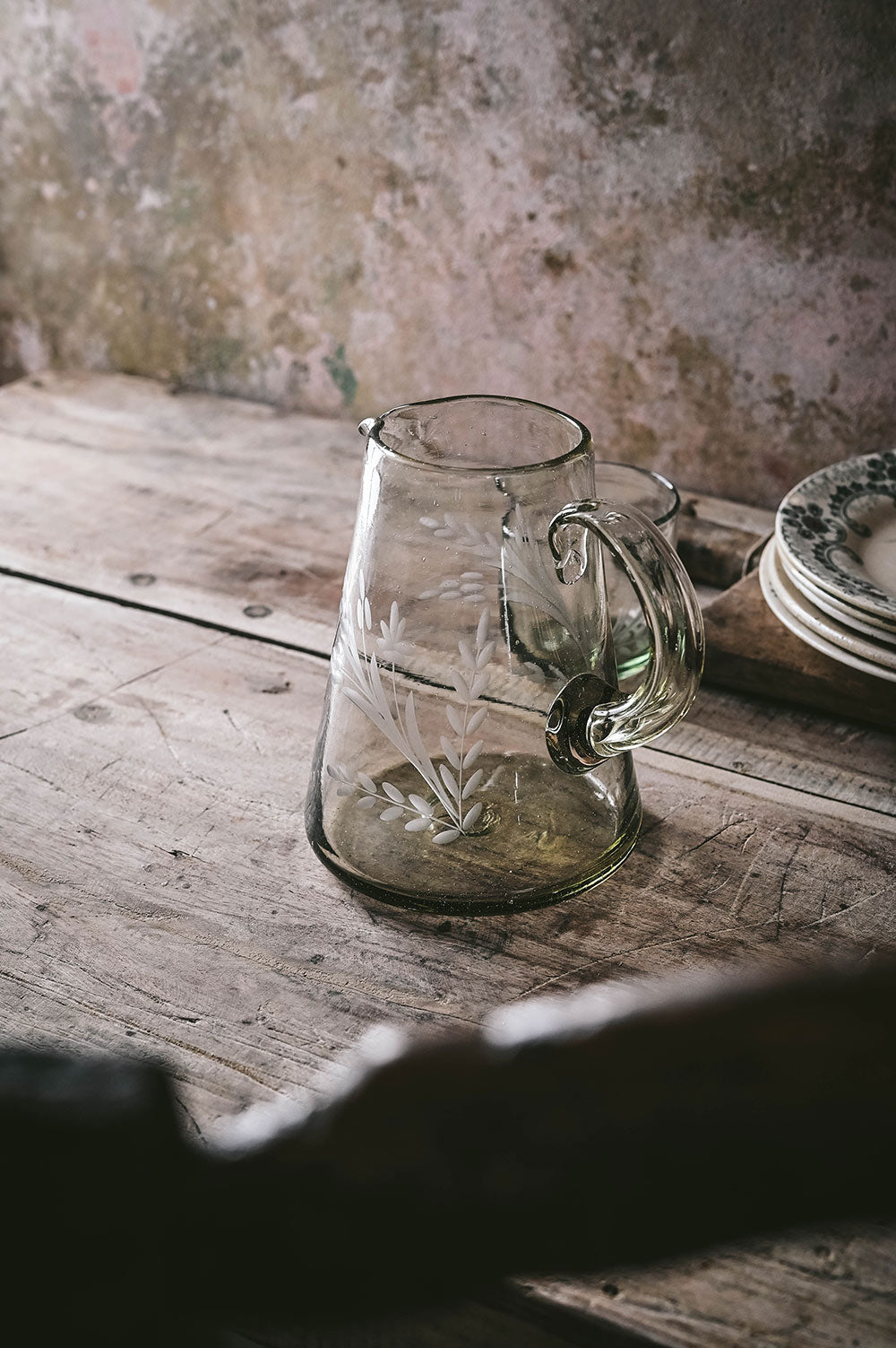 Flare Etched Artisan Glass Pitcher