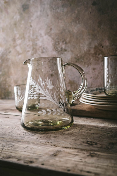 Flare Etched Artisan Glass Pitcher