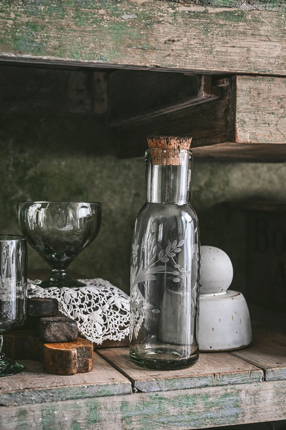Handblown Etched Carafe with Cork