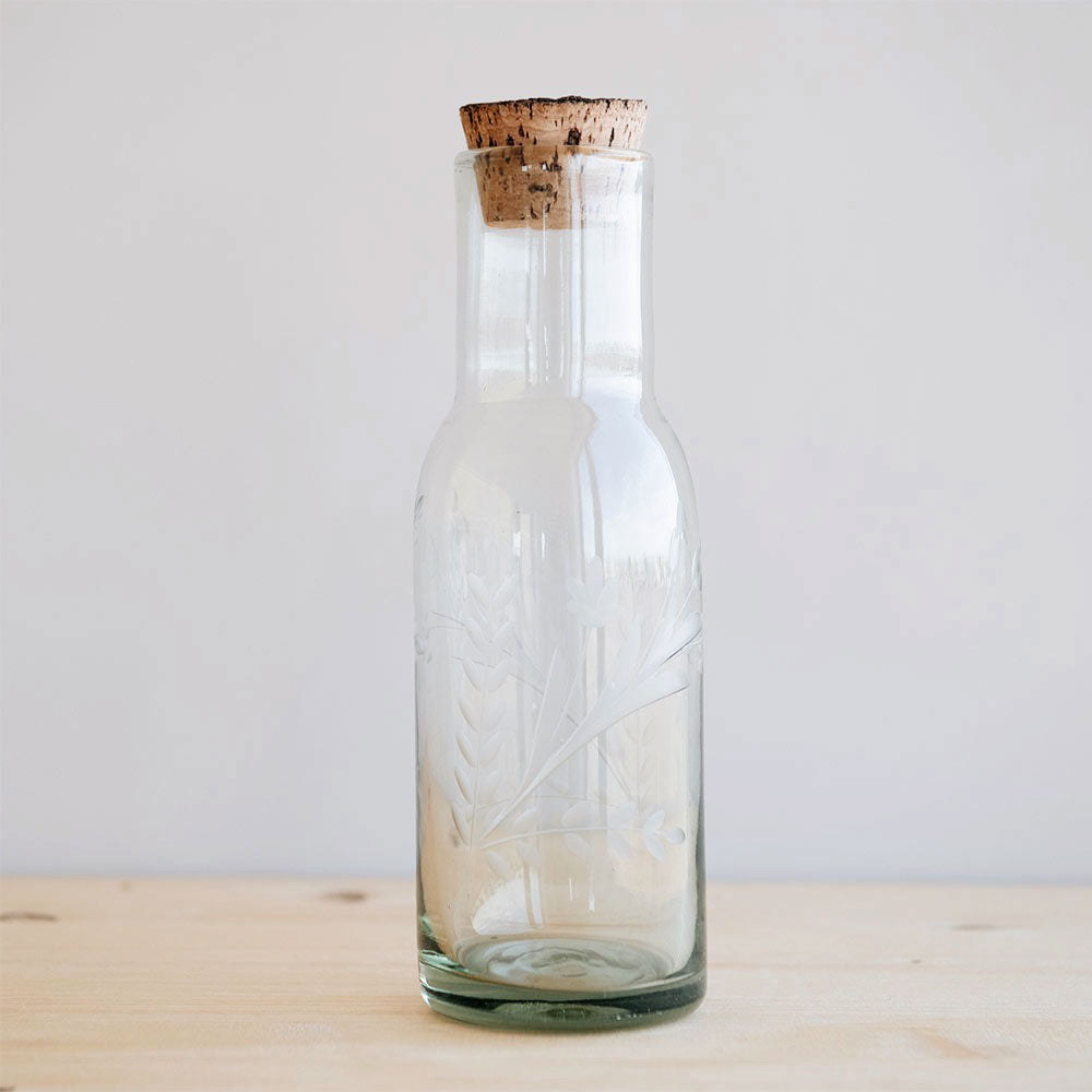 Handblown Etched Carafe with Cork