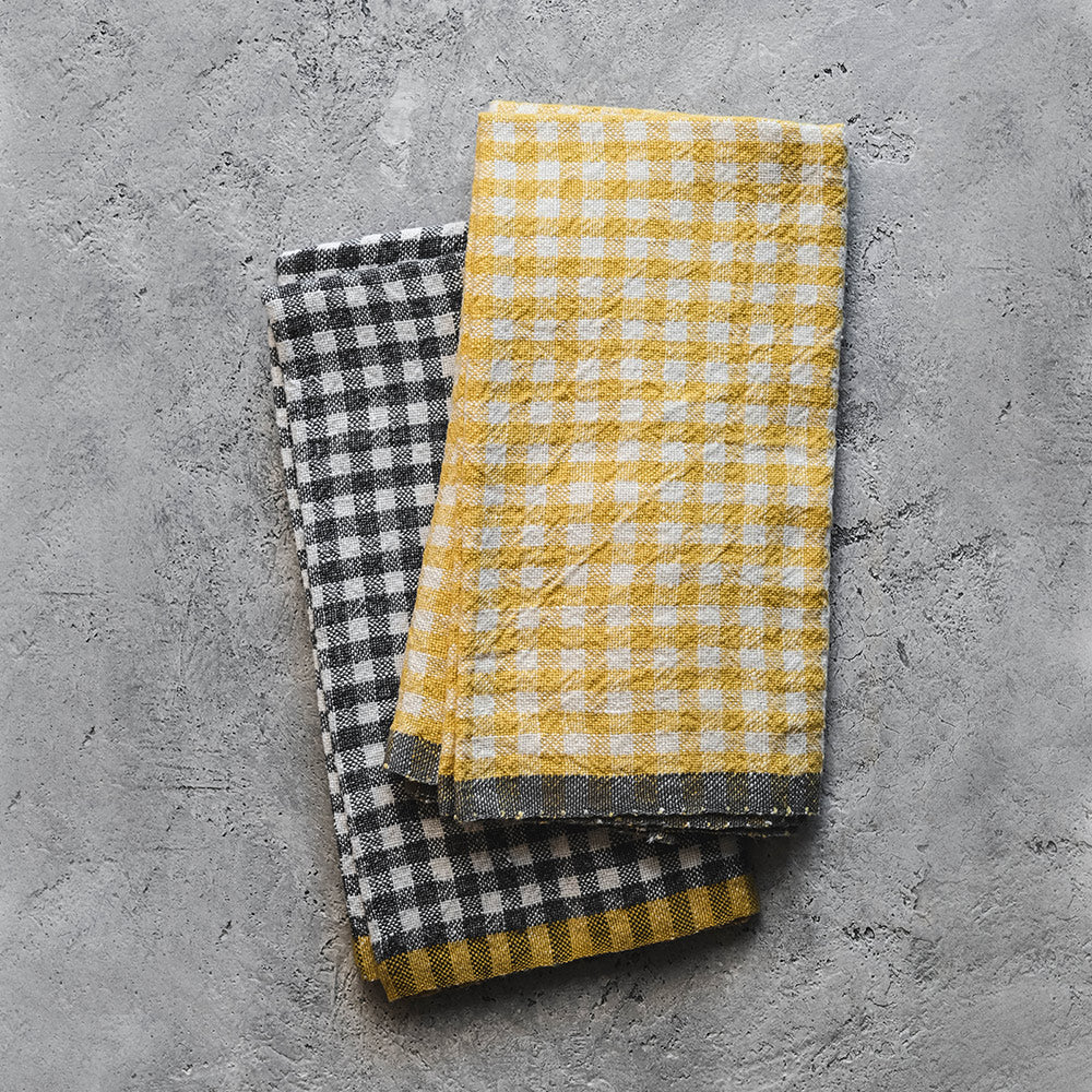 Gingham Linen Tea Towel - Yellow/Grey
