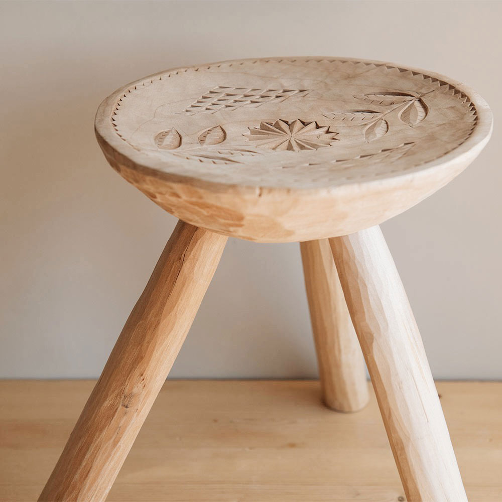 Hand-carved Wooden Stool with Motif