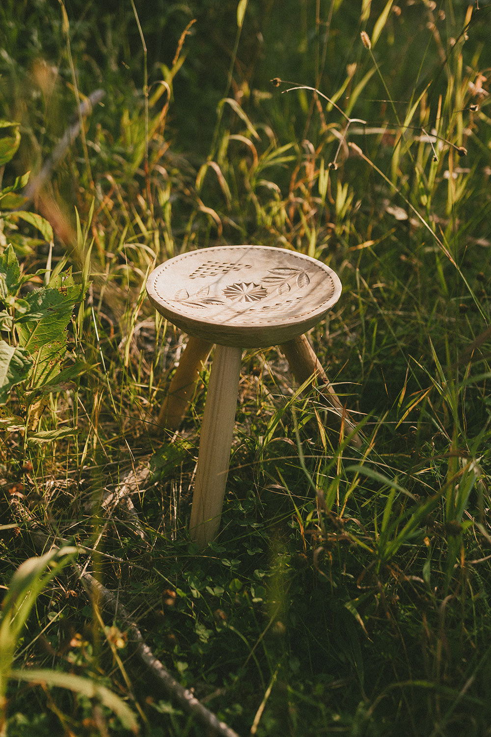 Hand-carved Wooden Stool with Motif