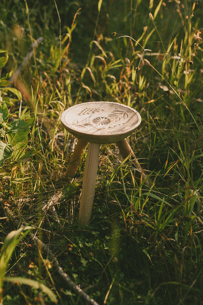 Hand-carved Wooden Stool with Motif