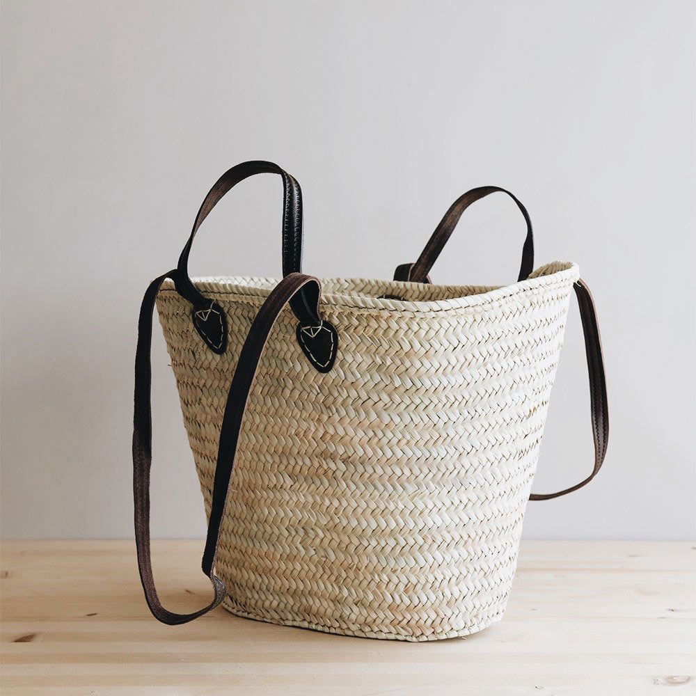 Double Handle Palm Leaf Shopper - Dark Leather
