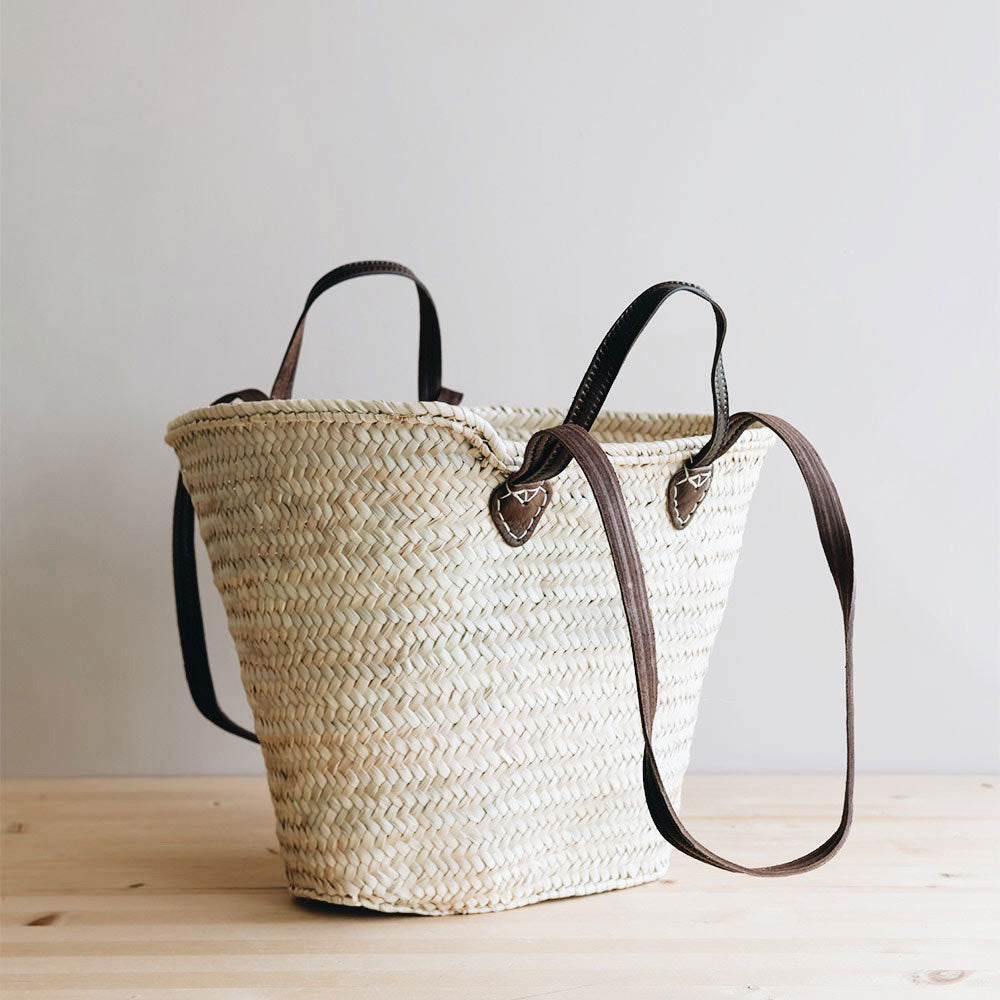 Double Handle Palm Leaf Shopper - Dark Leather