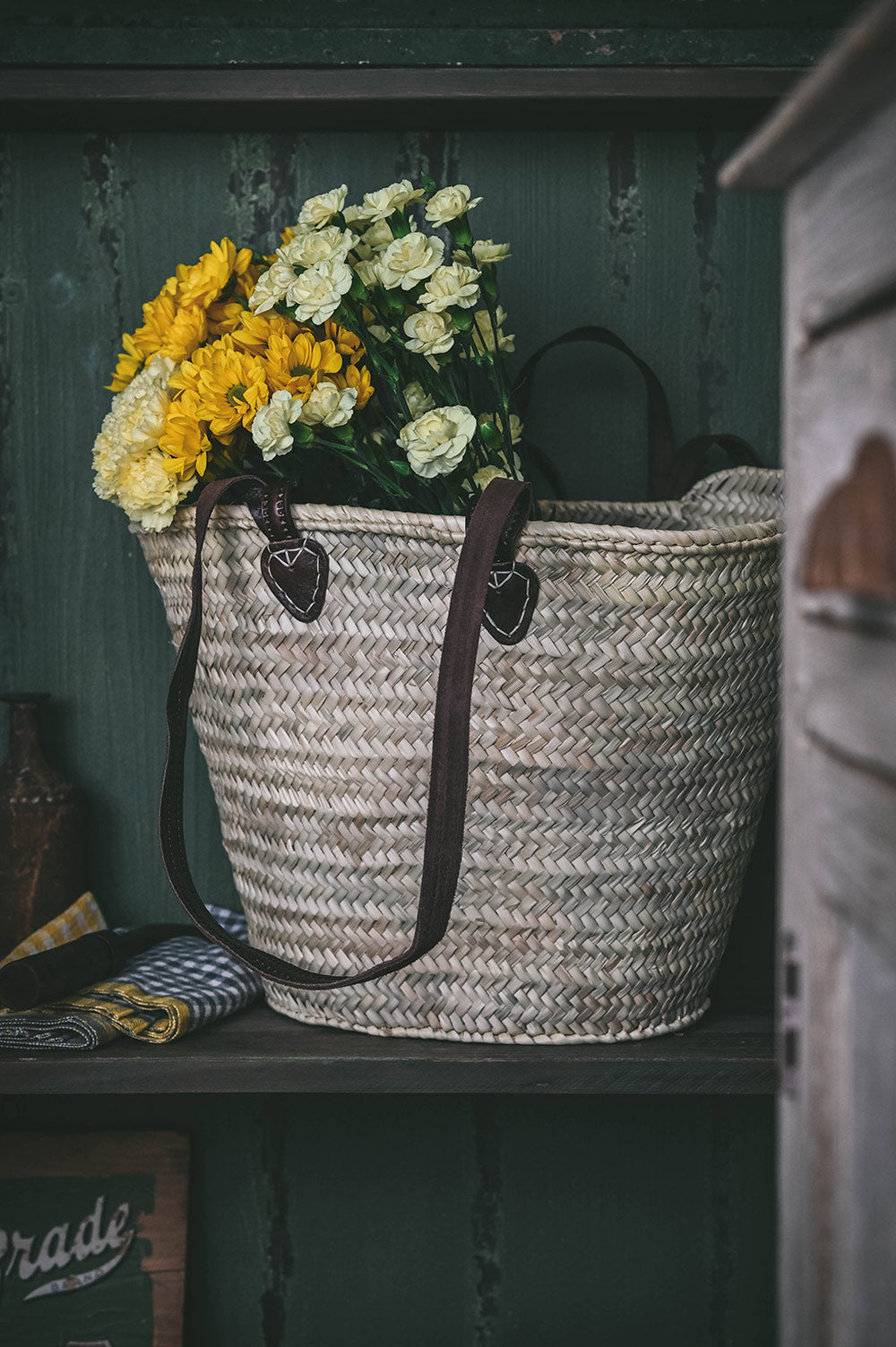 Double Handle Palm Leaf Shopper - Dark Leather
