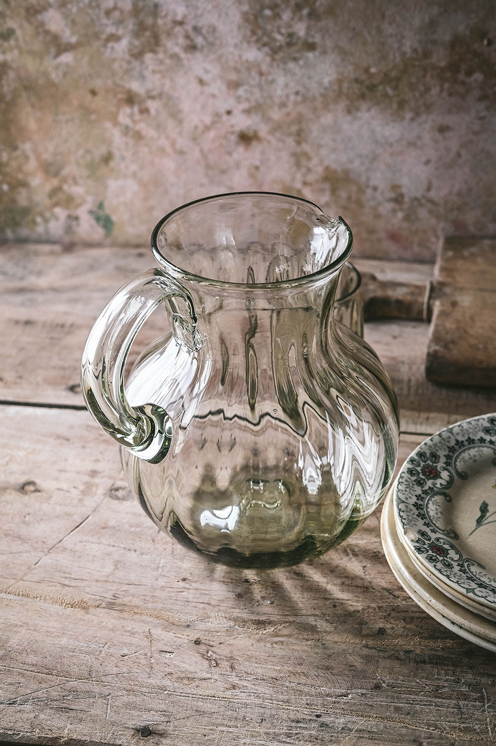 Handblown Round Fluted Glass Pitcher