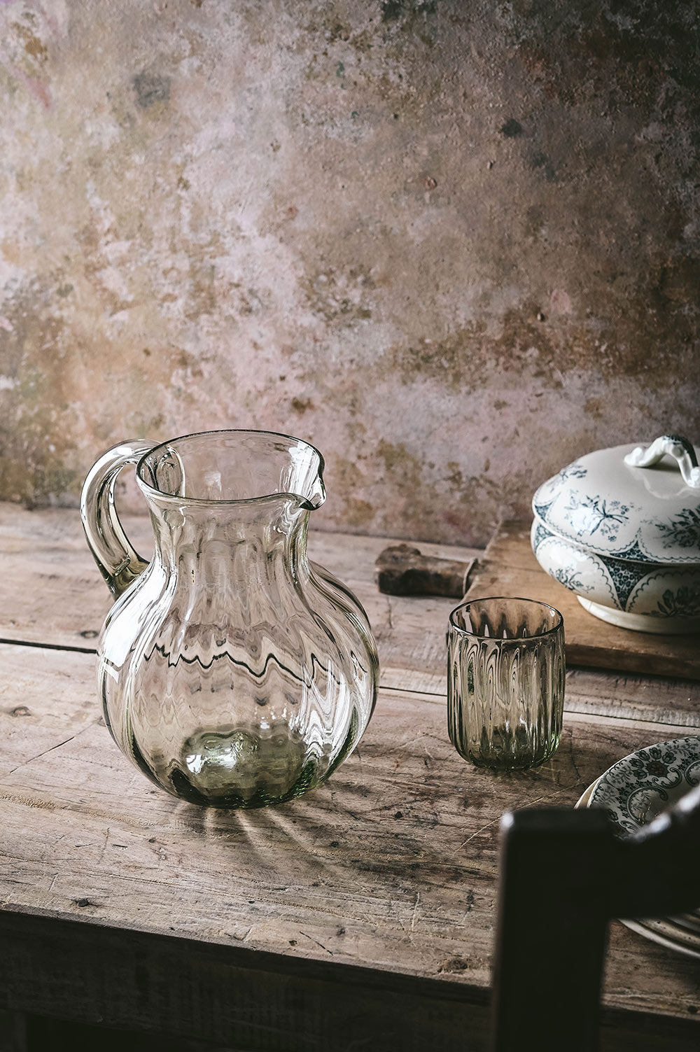 Handblown Round Fluted Glass Pitcher