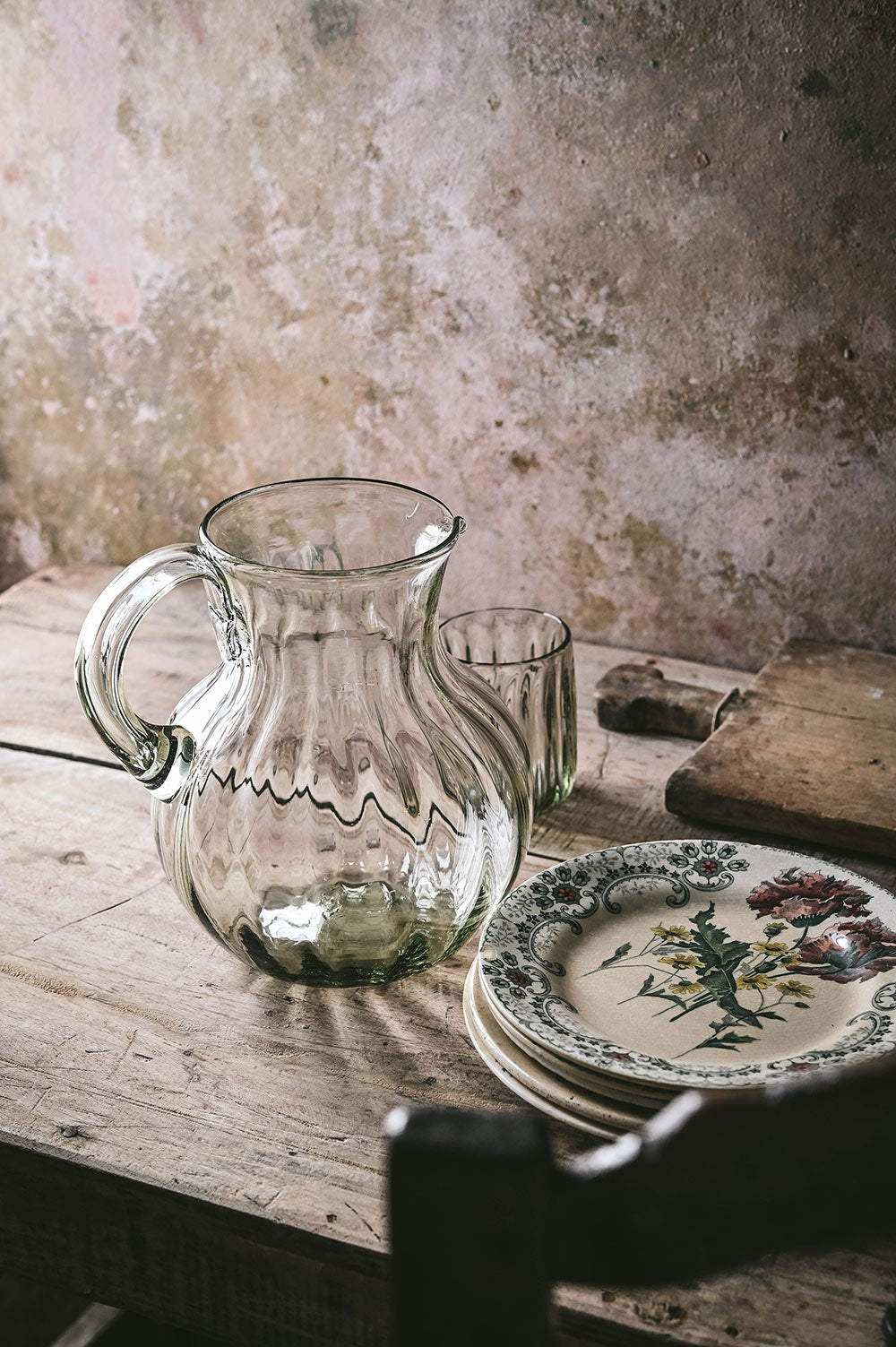 Handblown Round Fluted Glass Pitcher