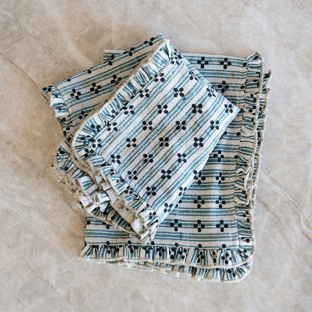 Block-Printed Ruffle Edge Kitchen Textiles