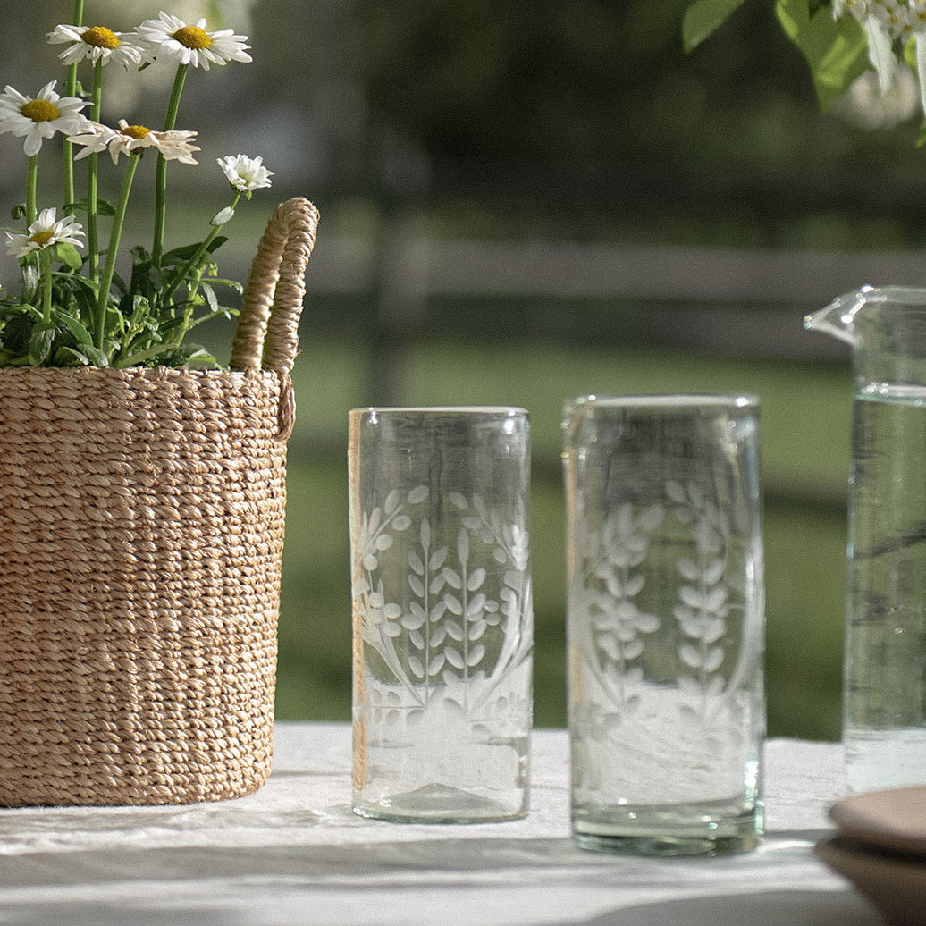 Hand-etched Floral Recycled Glassware