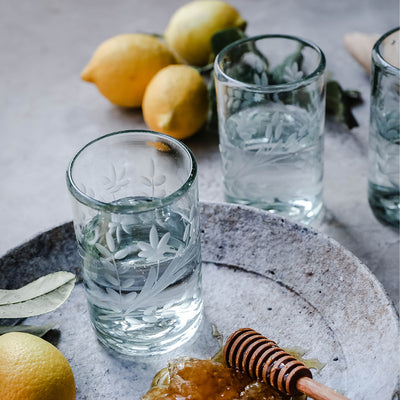 Hand-etched Floral Recycled Glassware - Short