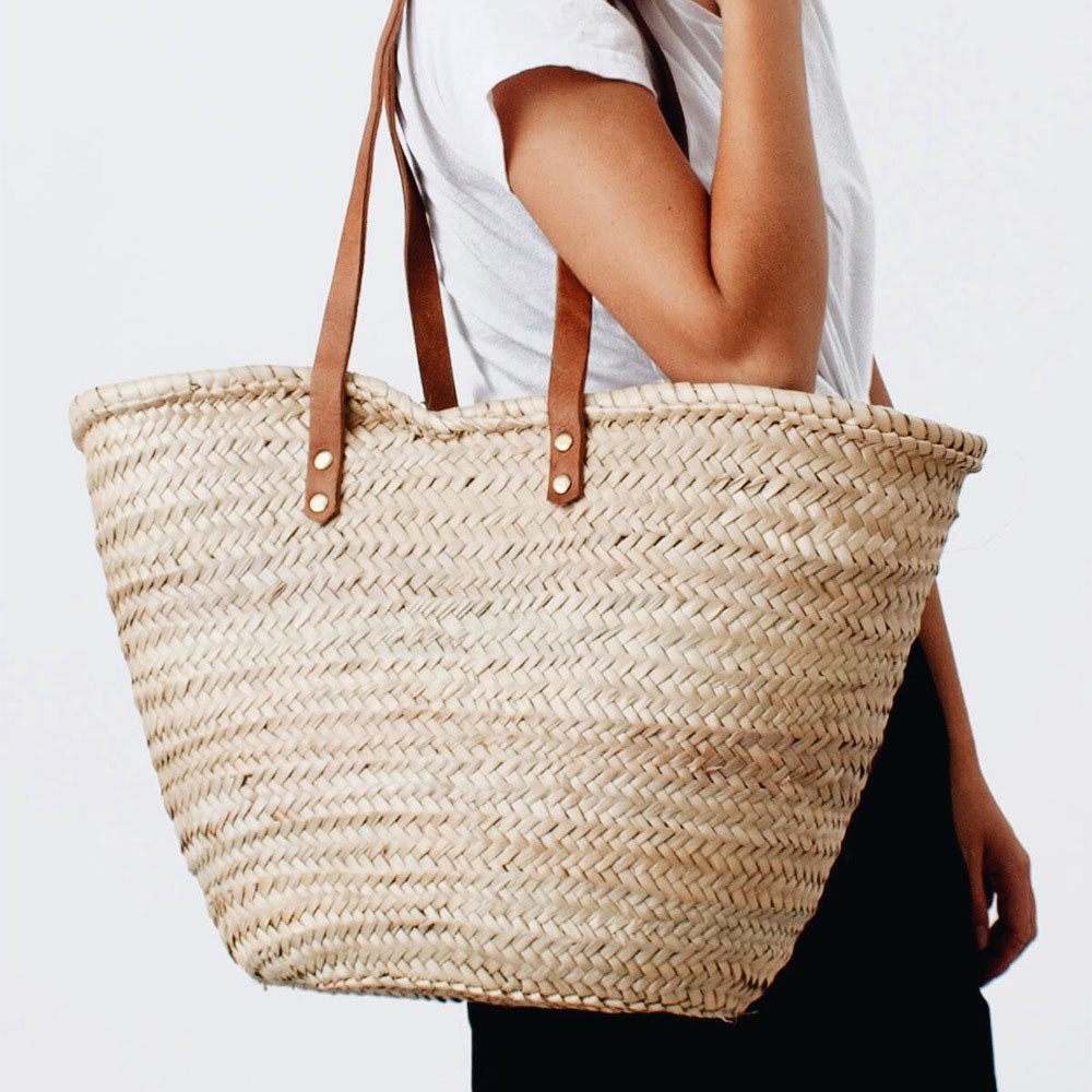 Palm Leaf Shopper with Leather Straps