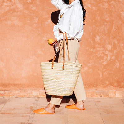 Palm Leaf Shopper with Leather Straps