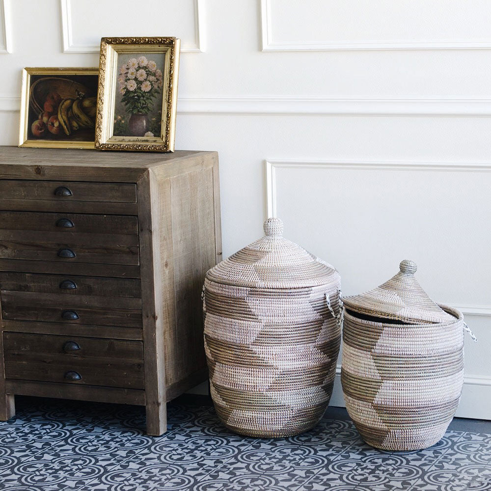 Rosa African Basket Hamper - Silver Herringbone - Medium
