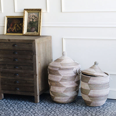 Rosa African Basket Hamper - Silver Herringbone - Medium